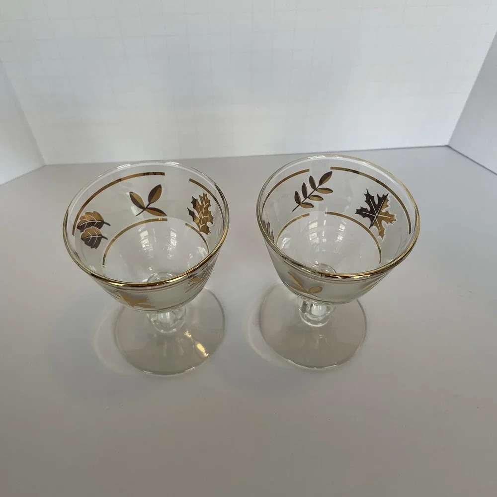 Vtg Frosted GOLD LEAF Sherbet Glass Set‎ of 2 Mid Century - 3 7/8